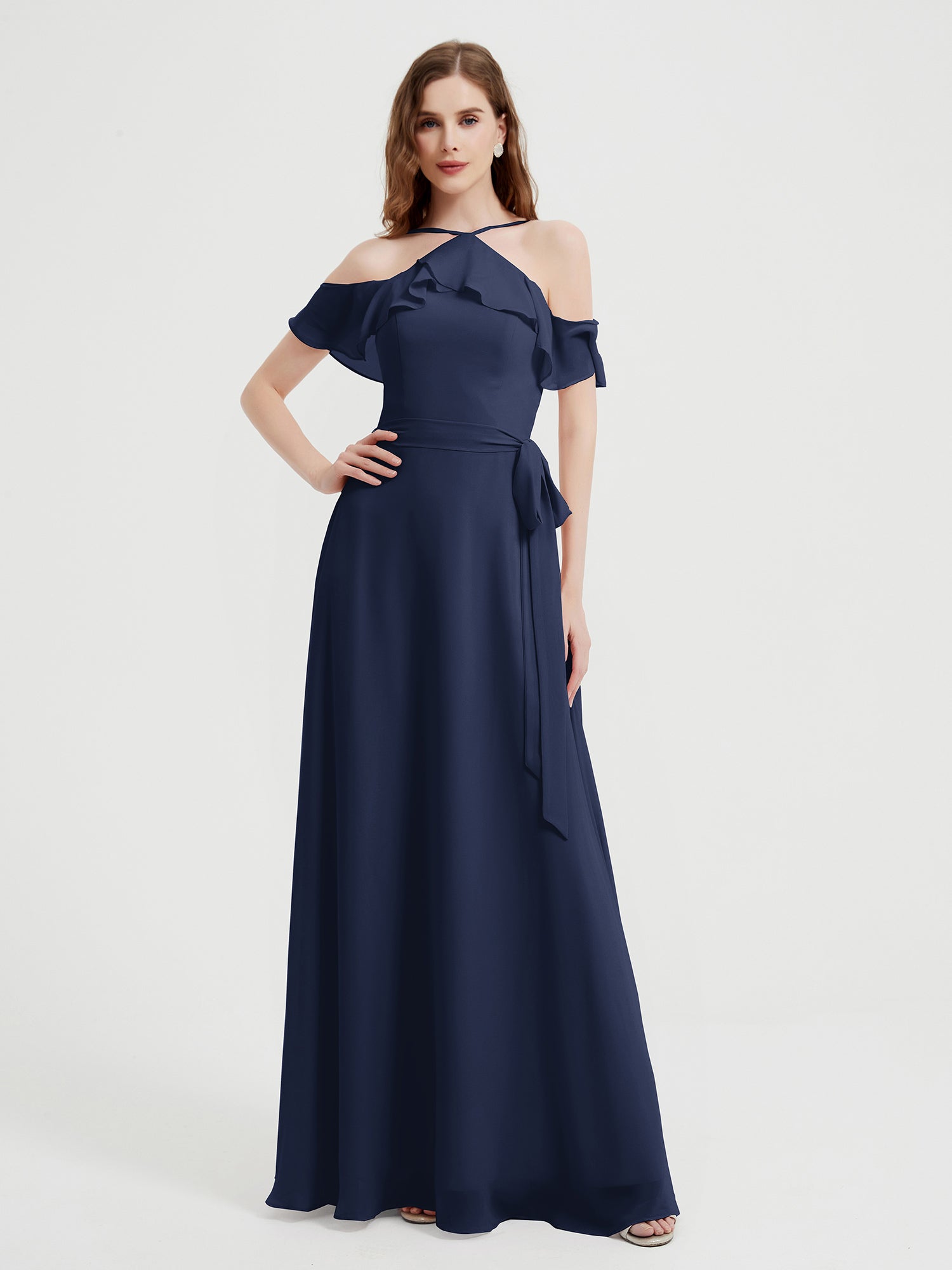 Y Neck Chiffon Dress with Ruffles Sleeves Dark Navy